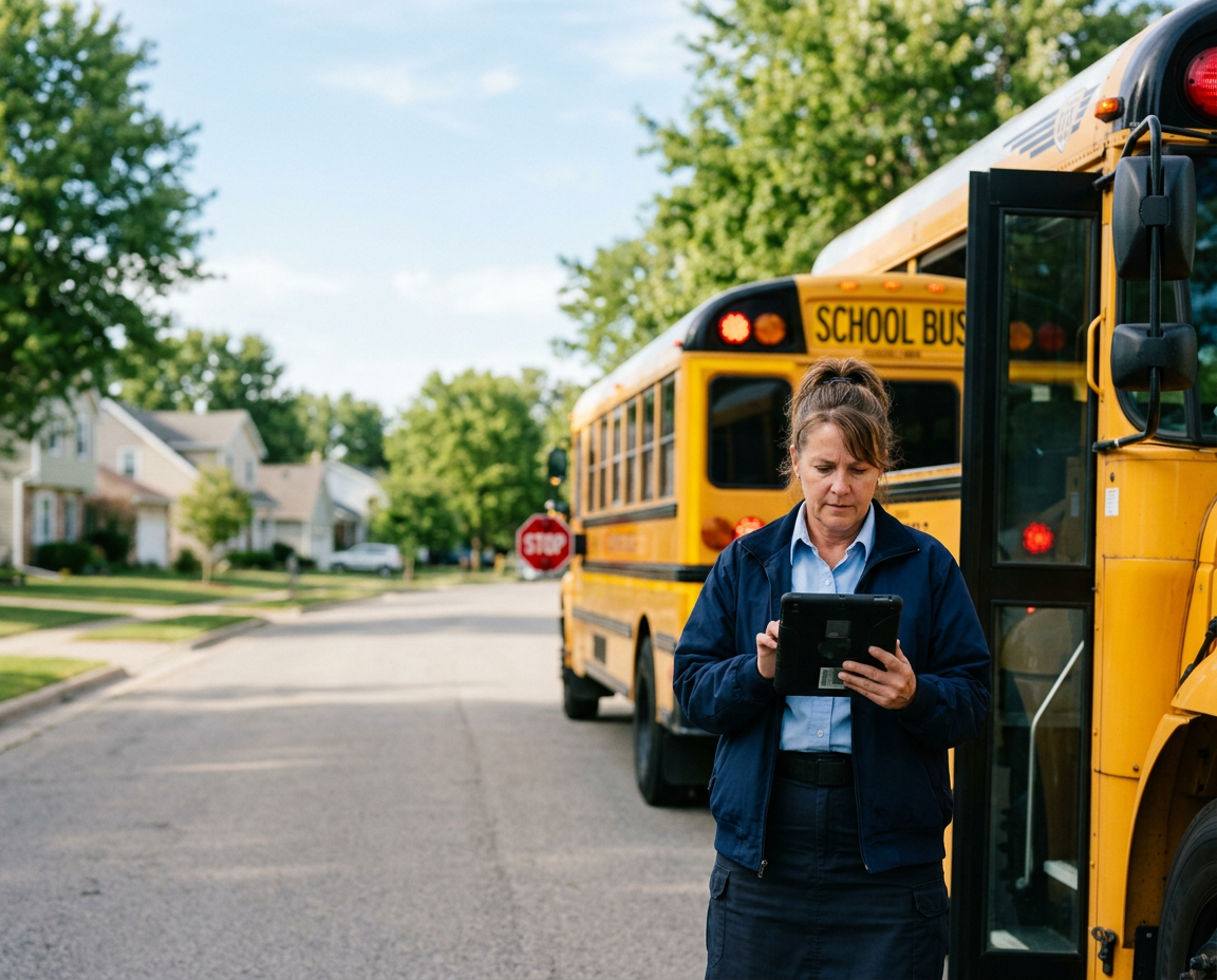 School bus driver using a cellular push-to-talk device to reach dispatch during a route