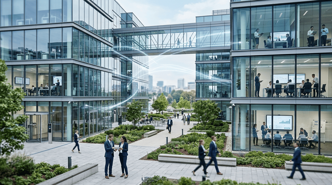Firefly_Gemini Flash_Photorealistic modern business campus with multiple connected buildings, office worke 311011