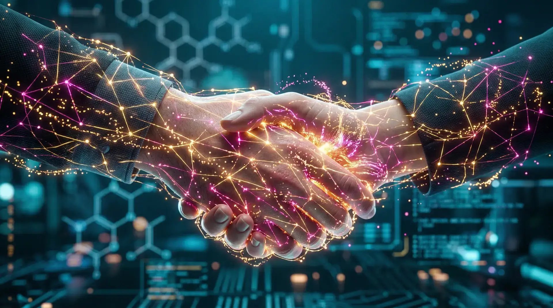 Close-up of two hands shaking, covered with glowing digital network connections