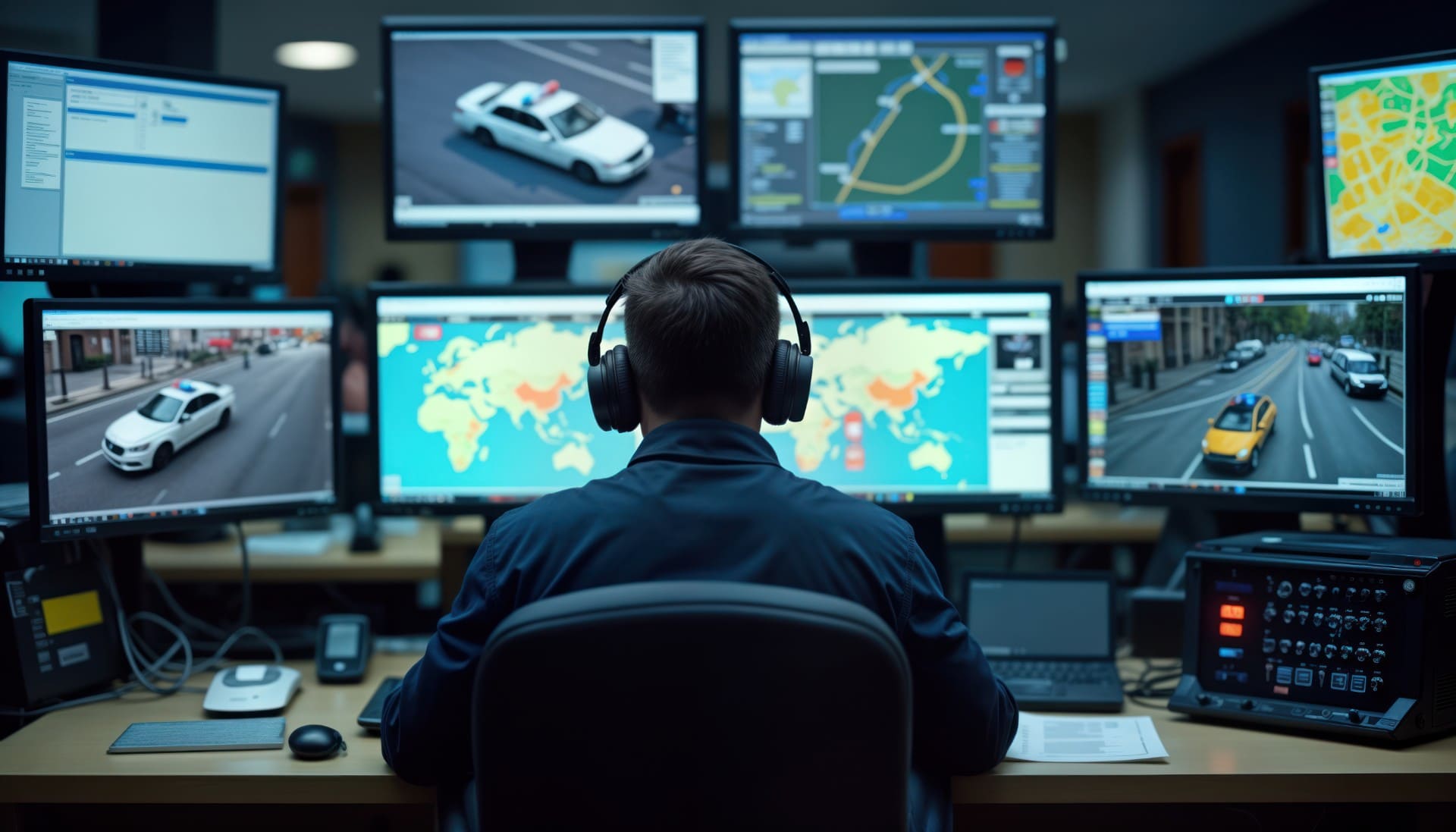 Person Works in Emergency Dispatch Center. Many Screens Show Real-Time Video Feeds, Location Data. Dispatcher Coordinates Emerge (Custom)