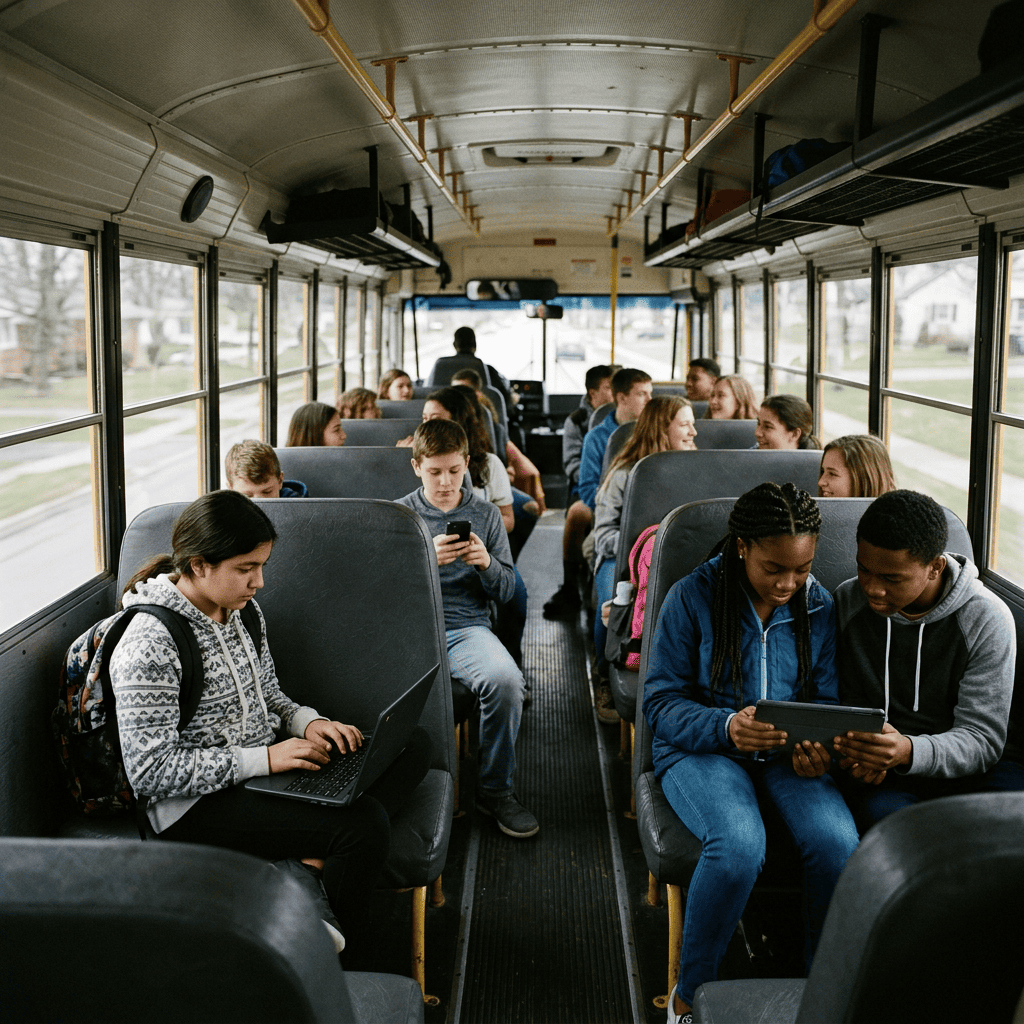 Student using Wi-Fi on a connected school bus