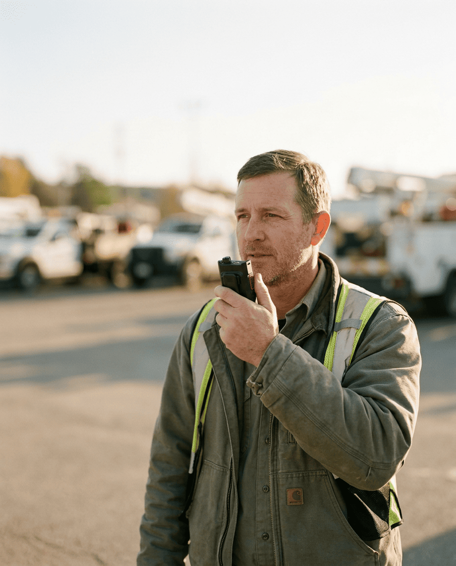 Man using a push-to-talk radio device for mission-critical communication