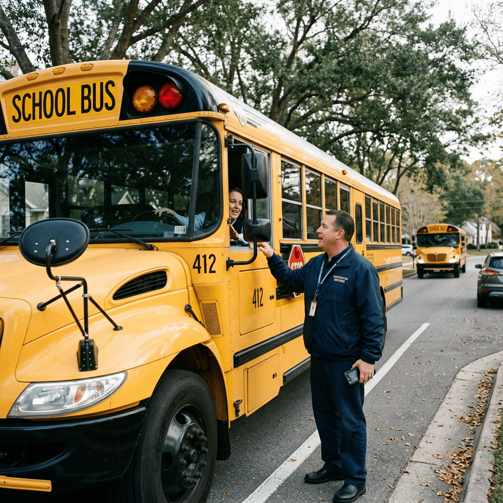 School bus driver using a push-to-talk communication device