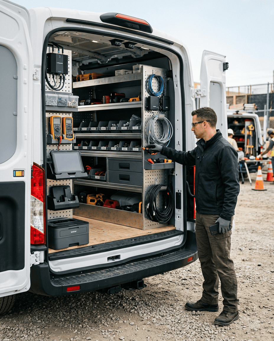 Connected vehicle running GPS tracking, AI cameras, and workforce management apps