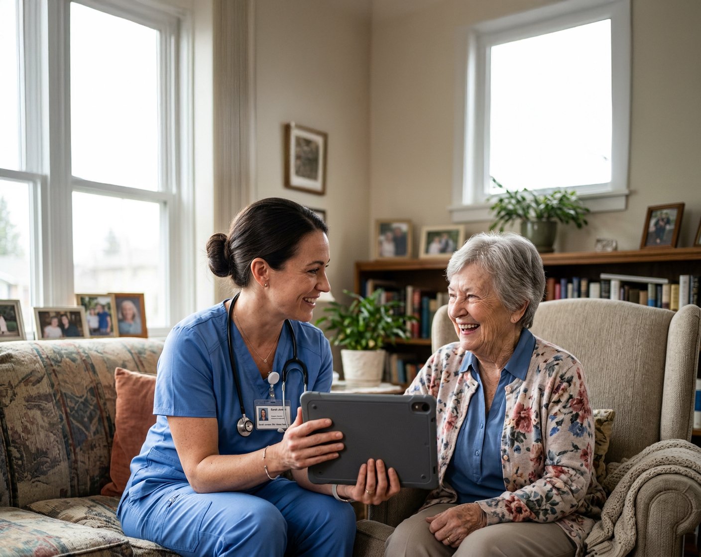 Firefly_GeminiFlash_a hyper realistic image of a nurse holding an ipad on a home healthcare visit-1