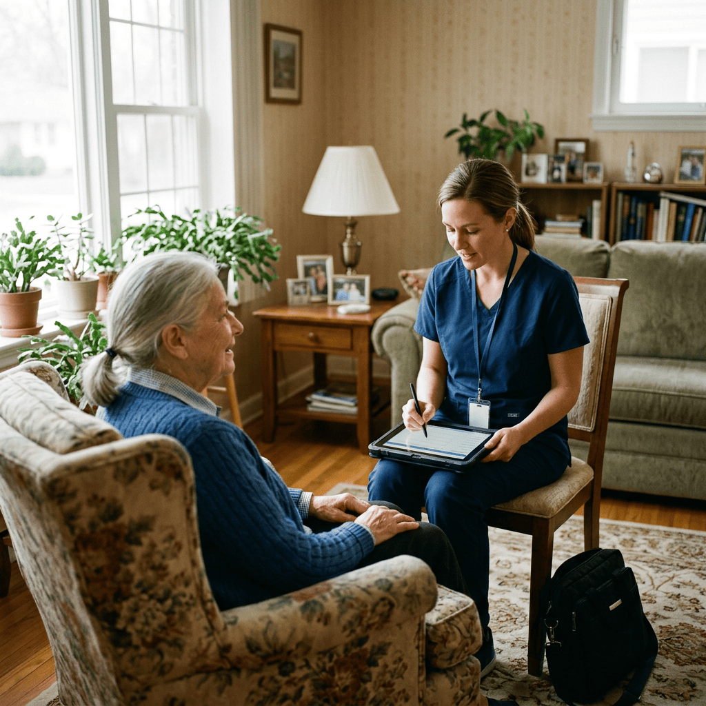 Home healthcare worker using mobile workforce management software in the field