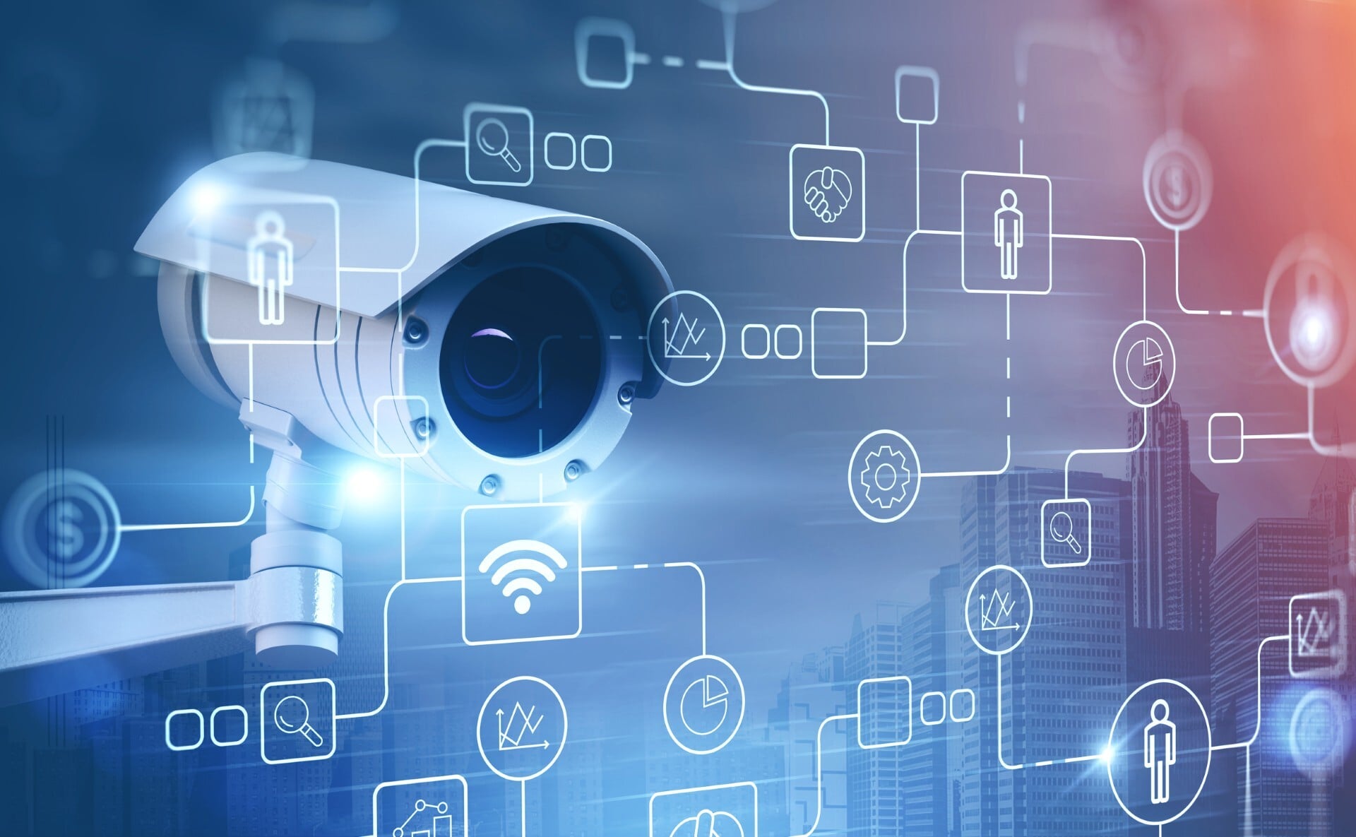 A picture of a security camera with a technical diagram overlayed on the blue and pink background