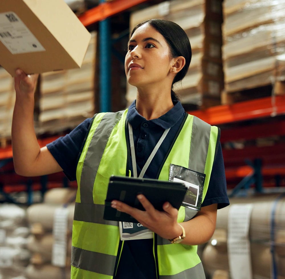 Warehouse, Woman and Tablet for Stock Management, Logistic or Quality Control in Inspection. Female Person, Tech and Maintenance